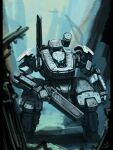  blue_eyes bottoms1237 clenched_hand extra_eyes glowing glowing_eyes gun highres holding holding_gun holding_weapon looking_down mecha no_humans original science_fiction shoulder_cannon solo standing weapon 