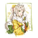  1girl animal_ears anmi bangs blush cute dog_ears dog_girl dog_tail eyebrows_visible_through_hair green_eyes highres holding japanese_clothes long_hair looking_at_viewer open_mouth original silver_hair simple_background smile solo tail upper_body wide_sleeves 