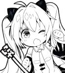  1girl blush chibi hatsune_miku kurisu_sai long_hair looking_at_viewer monochrome necktie one_eye_closed open_mouth simple_background solo translated twintails very_long_hair vocaloid white_background 