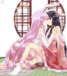  2girls animal_ears artist_name bare_shoulders barefoot black_eyes black_hair blush breasts bunny_tail cleavage closed_eyes commentary_request hands_clasped highres houraisan_kaguya imminent_kiss japanese_clothes kemonomimi_mode kimono large_breasts long_hair mana_(tsurubeji) multiple_girls off_shoulder outline own_hands_together parted_lips petticoat pink_hair pink_kimono pink_skirt profile rabbit_ears reisen_udongein_inaba seiza shirt sidelocks signature simple_background sitting skirt socks tail tatami touhou very_long_hair white_background white_legwear white_outline white_shirt yuri 