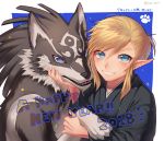  2018 animal artist_request blonde_hair blue_eyes japanese_clothes link link_(wolf) long_hair looking_at_viewer male_focus new_year smile the_legend_of_zelda the_legend_of_zelda:_breath_of_the_wild the_legend_of_zelda:_twilight_princess wolf 