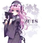  1girl 2018 animal_ears arm_ribbon bangs black_bow black_gloves black_kimono black_ribbon blush bow closed_mouth commentary_request cup dog_ears dog_girl dog_tail eyebrows_visible_through_hair floral_print gloves hair_between_eyes hair_bow hair_ribbon highres holding japanese_clothes kimono long_hair long_sleeves looking_at_viewer original pink_hair print_kimono ribbon sakazuki solo tail tsukikage_nemu two_side_up very_long_hair violet_eyes wide_sleeves year_of_the_dog 