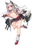  1girl 2drr :d animal_ears azur_lane bangs belt_buckle black_skirt blue_nails blush breasts buckle cannon commentary_request crop_top crop_top_overhang eyebrows_visible_through_hair fang fingerless_gloves fingernails full_body gloves grey_hair high_heels leaning_to_the_side long_hair looking_at_viewer loose_socks machinery medium_breasts midriff multicolored multicolored_nail_polish nail_polish navel one_side_up open_mouth pleated_skirt purple_nails red_belt red_eyes red_footwear red_gloves red_nails school_uniform serafuku shirt shoes short_sleeves simple_background skirt smile socks solo standing standing_on_one_leg tail thick_eyebrows turret under_boob very_long_hair white_background white_legwear white_shirt wolf_ears wolf_girl wolf_tail yuudachi_(azur_lane) 