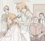  1girl 4boys alphonse_elric bandage beard belt black_hair blonde_hair brothers clenched_hands closed_eyes coat cutting_hair edward_elric eyebrows_visible_through_hair facial_hair fullmetal_alchemist glasses heymans_breda kain_fuery long_hair looking_at_another looking_away multiple_boys open_mouth p0ckylo pants ponytail riza_hawkeye scissors shirt short_hair siblings sitting smile stading sweatdrop tied_hair towel white_shirt 
