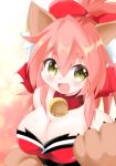  1girl animal_ears bare_shoulders bell bell_collar blush breasts cat_paws cleavage collar detached_sleeves fangs fate/grand_order fate_(series) fox_ears gloves highres japanese_clothes jingle_bell large_breasts long_hair looking_at_viewer open_mouth paw_gloves paws pink_hair solo souno_ruuta tamamo_(fate)_(all) tamamo_cat_(fate) yellow_eyes 