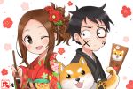  1boy 1girl ;d animal bangs black_eyes black_hair blush brown_eyes brown_hair closed_mouth commentary_request dog facepaint fingernails floral_background floral_print forehead hagoita hair_up hanetsuki happy_new_year himemiya_shuang holding holding_paintbrush japanese_clothes karakai_jouzu_no_takagi-san kimono long_sleeves new_year nishikata obi one_eye_closed open_mouth paddle parted_bangs print_kimono red_kimono sash sidelocks signature smile sweat takagi-san tongue tongue_out translated v-shaped_eyebrows white_background wide_sleeves year_of_the_dog 