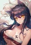  1girl ahri animal_ears black_hair blush body_writing breasts cleavage fang fox_ears fox_tail highres large_breasts league_of_legends long_hair looking_at_viewer multiple_tails solo tail upper_body xing yellow_eyes 