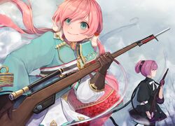  2girls bayonet blush bolt_action carcano carcano_m91/38_(girls_frontline) commentary epaulettes ferrel_(rocher_71) girls_frontline gloves green_eyes gun highres long_hair looking_to_the_side m1891_(girls_frontline) military military_uniform multiple_girls pink_hair purple_hair rifle scope skirt uniform weapon 