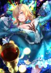  1girl absurdres blonde_hair blue_dress blue_eyes commentary cup dress drinking_glass fate/labyrinth fate/prototype fate/prototype:_fragments_of_blue_and_silver fate_(series) highres kyjsogom looking_at_viewer sajou_manaka short_hair smile solo tattoo wine_glass 