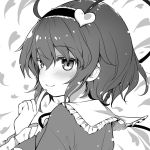  1girl ahoge bangs blush closed_mouth commentary_request eyebrows_visible_through_hair finger_to_mouth from_side greyscale hair_between_eyes hairband heart heart_background komeiji_satori long_sleeves looking_at_viewer minamura_haruki monochrome short_hair smile solo touhou upper_body 