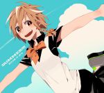  1girl blonde_hair blue_sky braid clouds dated fang hair_ribbon happy hosomitimiti kirisame_marisa looking_at_viewer neck_ribbon open_mouth outstretched_arms ribbon short_hair sky smile solo touhou yellow_eyes 