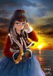  1girl 9a-91_(girls_frontline) artist_name ayam_(clothing) bangs blue_eyes blurry blush bokeh braid breasts chima_(clothing) clouds cloudy_sky dated depth_of_field dusk eyebrows_visible_through_hair fur-trimmed_jacket fur_trim girls_frontline hair_between_eyes hair_ornament hair_over_shoulder hanbok hand_to_own_face hat highres hue301 jacket jeogori_(clothing) jokki_(clothing) korean_clothes light_particles long_hair looking_at_viewer medium_breasts ocean signature silver_hair single_braid sky solo standing star star_hair_ornament sun sunlight sunset tareme water 