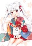  1girl :d animal animal_ears bangs blush cat_ears commentary_request dog eyebrows_visible_through_hair fang floral_print hair_ornament head_tilt japanese_clothes kanora kimono long_sleeves looking_at_viewer multicolored multicolored_clothes multicolored_kimono open_mouth original pleated_skirt print_kimono red_eyes red_kimono short_kimono sidelocks silver_hair sitting skirt smile solo thick_eyebrows thigh-highs twintails white_background white_legwear wide_sleeves 