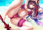  1girl arms_behind_head barefoot between_toes bikini breasts cleavage fate/grand_order fate_(series) feet foot_hold gae_bolg highres large_breasts leg_garter long_hair looking_at_viewer lying nail_polish on_side partially_submerged pink_bikini purple_hair red_eyes scathach_(fate/grand_order) scathach_(swimsuit_assassin)_(fate) solo spread_legs srsojiro swimsuit thigh_strap toes under_boob water 