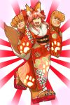  1girl alternate_costume animal_ears breasts cat_paws fangs fate/grand_order fate_(series) floral_print fox_ears fox_tail gloves hair_ornament hair_ribbon highres japanese_clothes kimono large_breasts long_hair looking_at_viewer mujun-gatamari open_mouth paw_gloves paw_pose paw_shoes paws pink_hair red_ribbon ribbon sandals sash shoes solo tail tamamo_(fate)_(all) tamamo_cat_(fate) wide_sleeves yellow_eyes yoroi_kabuto yukata 