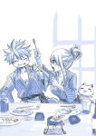  1boy 1girl breasts cat cleavage commentary fairy_tail food hair_up japanese_clothes looking_at_another lucy_heartfilia mashima_hiro monochrome natsu_dragneel smile spiky_hair table 