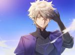  1boy adjusting_hair armor blue_sky closed_mouth fate/grand_order fate_(series) galahad_(fate) grand_dobu hair_over_one_eye lavender_hair looking_at_viewer male_focus sky upper_body yellow_eyes 