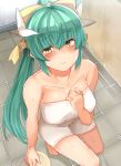 1girl aqua_hair bangs barefoot bathroom blush bow breasts closed_mouth collarbone eyebrows_visible_through_hair eyes_visible_through_hair fate/grand_order fate_(series) from_above hair_bow hair_ornament hand_on_own_chest horns indoors kiyohime_(fate/grand_order) long_hair looking_at_viewer looking_up medium_breasts naked_towel nose_blush sabujiroko solo squatting sweat towel very_long_hair wavy_mouth white_towel yellow_bow yellow_eyes 
