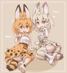  2girls :d animal_ears arm_support bangs bare_shoulders belt black_belt black_bow black_hair blonde_hair boots bow bowtie breasts cat_ears cat_tail dot_nose elbow_gloves eyebrows eyebrows_visible_through_hair facing_another fang full_body gloves grey_bow grey_hair hair_between_eyes heart high-waist_skirt horizontal_stripes kemono_friends kolshica legs_together looking_at_viewer miniskirt multicolored multicolored_clothes multicolored_gloves multicolored_hair multicolored_legwear multiple_girls open_mouth orange_bow orange_hair orange_legwear orange_neckwear orange_skirt palms panties pantyshot paw_pose platform_boots platform_footwear sand_cat_(kemono_friends) serval_(kemono_friends) serval_ears serval_print serval_tail shirt short_hair sitting skirt sleeveless sleeveless_shirt small_breasts smile spots striped striped_panties striped_tail tail tareme thigh-highs two-tone_hair underwear white_belt white_footwear white_shirt yellow_eyes yokozuwari zettai_ryouiki 