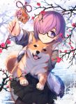  1girl baisi_shaonian black-framed_eyewear black_skirt carrying commentary_request dog fate/grand_order fate_(series) flower from_above fujimaru_ritsuka_(female) glasses hair_over_one_eye highres long_hair looking_at_viewer mash_kyrielight pleated_skirt purple_hair shielder_(fate/grand_order) short_hair skirt smile solo violet_eyes 