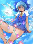  1girl ;d arms_at_sides bare_arms barefoot blue_bow blue_dress blue_eyes blue_hair bow cirno cowboy_shot dress dress_lift eyebrows_visible_through_hair floating flower hair_between_eyes hair_bow half-closed_eye ice ice_wings knee_up lifted_by_self looking_at_viewer morning_glory naughty_face one_eye_closed open_mouth panties plant short_dress short_hair short_sleeves sky smile solo striped striped_panties sunflower tan tanned_cirno tannkobuiwa thighs touhou underwear vertical_stripes vines wings 