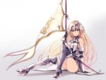  1girl armor black_gloves blonde_hair blue_eyes closed_mouth fate/apocrypha fate_(series) flag full_body gloves gradient gradient_background grey_background headpiece highres jeanne_d&#039;arc_(fate) jeanne_d&#039;arc_(fate)_(all) lee_seok_ho long_hair looking_at_viewer signature sitting smile solo 