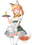  1girl :d animal_ears apron blonde_hair blush breasts carrying commentary_request dated drinking_straw fang fox_ears fox_girl fox_tail frilled_skirt frills garter_straps glass highres long_hair nosuku open_mouth original ponytail simple_background skirt smile sweat tail thigh-highs translation_request tray twitter_username waitress white_background yellow_eyes zettai_ryouiki 