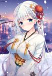  1girl azur_lane backlighting bangs blue_eyes blunt_bangs blush breath circle_name city_lights closed_mouth eyebrows_visible_through_hair flower hair_flower hair_ornament head_tilt highres japanese_clothes kimono long_hair long_sleeves looking_at_viewer mole mole_under_eye night night_sky nose_blush outdoors reflection shore shoukaku_(azur_lane) silver_hair sky smile snow snowing solo sousouman straight_hair tareme underbust upper_body very_long_hair water white_kimono wide_sleeves 