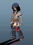  1boy angry assassin&#039;s_creed_(series) assassin&#039;s_creed_iii black_hair blood bloody_weapon blue_eyes bracelet child connor_kenway hair_over_one_eye holding holding_weapon jewelry kurono16 looking_at_viewer male_focus native_american one_eye_covered solo weapon 