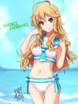  1girl ahoge bangs bare_arms bare_shoulders bikini blonde_hair blue_neckwear blue_sky blurry blurry_background bow breasts character_name cleavage closed_mouth clouds cowboy_shot day depth_of_field gluteal_fold green_eyes hands_up head_tilt horizon hoshii_miki idolmaster idolmaster_(classic) long_hair looking_at_viewer mistrail neckerchief ocean sailor_bikini sailor_collar sailor_swimsuit_(idolmaster) side-tie_bikini signature sky small_breasts smile solo standing striped striped_bow swimsuit tareme water white_bikini 