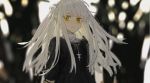 1girl bangs black_dress blurry blurry_background closed_mouth cross cross_necklace depth_of_field dress green_eyes hirota_tsuu jewelry long_sleeves looking_at_viewer necklace original solo two_side_up upper_body white_hair 