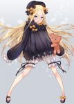  1girl abigail_williams_(fate/grand_order) asle black_bow black_dress black_hat blonde_hair bloomers blue_eyes blush bow commentary_request dress fate/grand_order fate_(series) forehead full_body hair_bow hat holding holding_stuffed_animal long_hair looking_at_viewer open_mouth orange_bow polka_dot polka_dot_bow sleeves_past_wrists solo stuffed_animal stuffed_toy teddy_bear underwear very_long_hair white_bloomers 