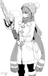  1girl alternate_costume beatrix_(granblue_fantasy) boots breath dated gloves granblue_fantasy hat jacket long_hair monochrome motitoy scarf solo sword weapon white_background 