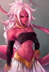 1girl abs absurdres android_21 android_21_(evil) bare_shoulders black_nails black_sclera breasts cleavage detached_sleeves dragon_ball dragon_ball_fighterz earrings eyelashes hand_on_hip highres jewelry looking_at_viewer majin_android_21 messy_hair monster_girl mothman_(the_m0thman) nail_polish navel pink_hair pink_skin pointy_ears red_eyes solo spoilers stomach tail toned 