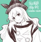  1girl bangs character_name closed_mouth eyebrows_visible_through_hair green_background hand_on_own_cheek hand_up hat long_hair long_sleeves looking_at_viewer makuwauri matara_okina simple_background smile solo tabard touhou upper_body wide_sleeves 