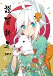  1girl 2018 ahoge animal_ears blue_eyes blue_nails braid commentary_request confetti crown_braid dog eyebrows_visible_through_hair floral_print flower hair_between_eyes hair_bun hair_flower hair_ornament hairclip happy_new_year japanese_clothes kimono long_sleeves looking_at_viewer minamura_haruki nail_polish new_year original smile solo white_hair wide_sleeves 