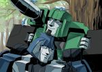  2boys 80s animal autobot bird bird_on_hand cannon closed_eyes day forest half-closed_eyes hound_(transformers) mirage_(transformers) multiple_boys nature no_humans oldschool outdoors pretentiousfork smile still_life transformers tree weapon 
