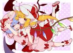  2girls arms_up bangs bat_wings black_wings blonde_hair blue_hair blush bow commentary_request eichi_yuu eyebrows_visible_through_hair flandre_scarlet full_body hand_on_another&#039;s_arm hands_on_another&#039;s_head hat hat_bow heart heart_background high_heels long_hair looking_at_viewer mary_janes mob_cap multiple_girls one_eye_closed open_mouth outside_border pink_footwear pink_hat pink_skirt puckered_lips red_bow red_eyes red_footwear red_skirt remilia_scarlet shoes short_hair short_sleeves side_ponytail skirt skirt_set socks touhou white_hat white_legwear wings 