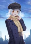  1girl :d adjusting_scarf badge bangs black_coat black_hat blue_hair blue_sky blush breath brown_eyes brown_scarf button_badge cabbie_hat cityscape dated day double-breasted eyebrows_visible_through_hair fringe hand_in_pocket hat long_sleeves looking_at_viewer miyai_sen open_mouth original outdoors scarf short_hair sky smile solo tareme upper_body 