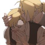  2boys alphonse_elric blonde_hair brothers closed_eyes crying edward_elric eyebrows_visible_through_hair fingernails forehead_kiss fullmetal_alchemist grey_shirt hands_on_another&#039;s_head hands_on_own_face kiss lowres male_focus multiple_boys p0ckylo ponytail sad shaded_face shirt siblings simple_background tears waistcoat white_background white_shirt 