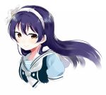  1girl bangs blue_hair blush closed_mouth commentary_request face hair_between_eyes hair_ribbon hairband long_hair looking_at_viewer love_live! love_live!_school_idol_festival love_live!_school_idol_project portrait ribbon simple_background smile solo sonoda_umi totoki86 upper_body white_background yellow_eyes 