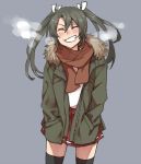  1girl brown_scarf clenched_teeth closed_eyes fur_trim green_hair grey_background hair_between_eyes hair_ribbon hakama_skirt hands_in_pockets japanese_clothes kantai_collection long_hair looking_at_viewer open_mouth parka pleated_skirt red_skirt ree_(re-19) ribbon scarf shirt simple_background skirt solo standing steaming_breath teeth thigh-highs twintails white_ribbon white_shirt zuikaku_(kantai_collection) 