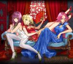  3girls :o ahoge bangs bare_legs blonde_hair blue_dress blue_eyes braid breasts china_dress chinese_clothes cleavage_cutout couch crown_braid dress eyebrows_visible_through_hair fan fate/extella_link fate_(series) fingernails folding_fan francis_drake_(fate) full_body green_eyes hair_bun hair_intakes high_heels jpeg_artifacts large_breasts long_dress long_fingernails lying medium_breasts multiple_girls nail_polish nero_claudius_(fate)_(all) pantyhose parted_bangs pink_hair purple_hair red_dress red_eyes scar scathach_(fate/grand_order) short_dress short_sleeves smile wada_aruko white_dress white_legwear 