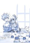  1boy 1girl arm_hug blush breasts cat cleavage fairy_tail food hair_up japanese_clothes looking_at_another lucy_heartfilia mashima_hiro monochrome natsu_dragneel smile spiky_hair table 