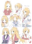  1girl alternate_hair_length alternate_hairstyle blonde_hair braid breasts cleavage fate/apocrypha fate/grand_order fate_(series) forehead french_braid green_eyes hair_ornament hair_over_shoulder hair_scrunchie highres long_hair mordred_(fate) mordred_(fate)_(all) mozu_(peth) school_uniform scrunchie serafuku shirt short_hair sketch solo t-shirt twin_braids twintails 