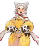  1girl animal_ears bangs blunt_bangs blush bodysuit cat_ears embarrassed eyebrows gloves heart heart_hands hood looking_at_viewer niyah open_mouth ribbon sachito short_hair silver_hair simple_background solo white_gloves xenoblade xenoblade_2 yellow_bodysuit yellow_eyes 