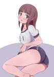 1girl absurdres bangs bare_legs barefoot blue_buruma blunt_bangs blush breasts brown_eyes brown_hair buruma collarbone eyebrows_visible_through_hair gym_shirt gym_uniform head_tilt highres long_hair looking_at_viewer medium_breasts original panties panties_under_pantyhose pantyhose parted_lips purple_background shirt short_sleeves solo toy_box-r two-tone_background underwear upper_teeth white_background white_panties white_shirt