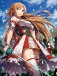  1girl :d arch asuna_(sao) bangs banner bare_shoulders blue_sky breasts brown_eyes brown_hair clouds corset day detached_sleeves dress eyebrows_visible_through_hair frilled_dress frilled_sleeves frills gabiran hand_on_hip holding holding_sword holding_weapon lamppost long_hair looking_at_viewer medium_breasts open_mouth parted_bangs petals puffy_short_sleeves puffy_sleeves rapier round_teeth short_sleeves sky smile solo standing sword sword_art_online teeth thigh-highs town underbust very_long_hair waist_cape weapon white_dress white_legwear wrist_cuffs 