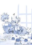  1boy 1girl alcohol animal_ears bottle cat cat_ears commentary fairy_tail happy_(fairy_tail) japanese_clothes lucy_heartfilia mashima_hiro monochrome natsu_dragneel off_shoulder smile table trembling wine_bottle 