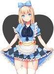  1girl agnam_ore alice_(wonderland) apron argyle_dress bangs black_ribbon blonde_hair blue_bow blue_dress blue_eyes blunt_bangs blush bow copyright_request cowboy_shot dress eyebrows_visible_through_hair frilled_apron frilled_dress frills garter_straps hair_bow heart heart_background long_hair looking_at_viewer parted_lips puffy_short_sleeves puffy_sleeves ribbon short_sleeves sidelocks skirt_hold smile solo standing straight_hair strap_slip tareme transparent_background very_long_hair white_apron white_legwear 